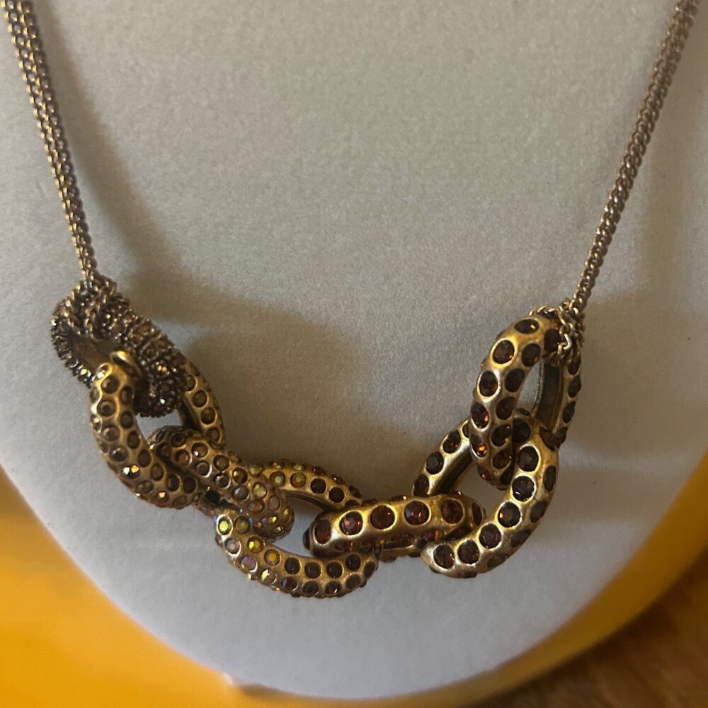 Unique J. Crew double chain Goldtone/Brass statement necklace with Crystal links